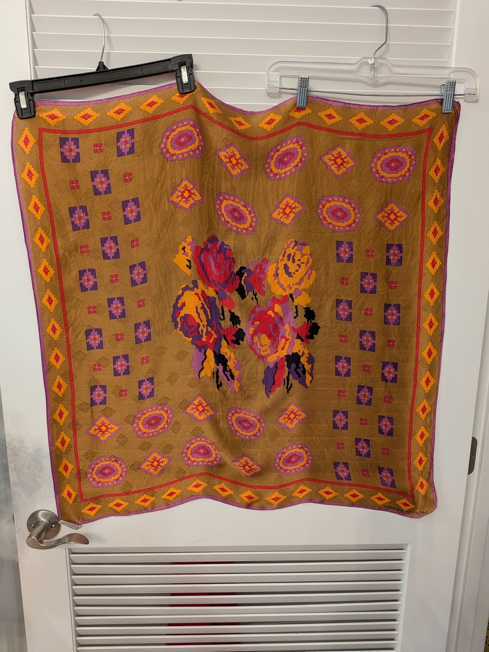 Vintage 1980 -Inspired Floral Silk Scarf in Mustard and Purple 30" x 30"